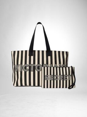 Victoria's Secret Black and White Striped Tote Set NWT